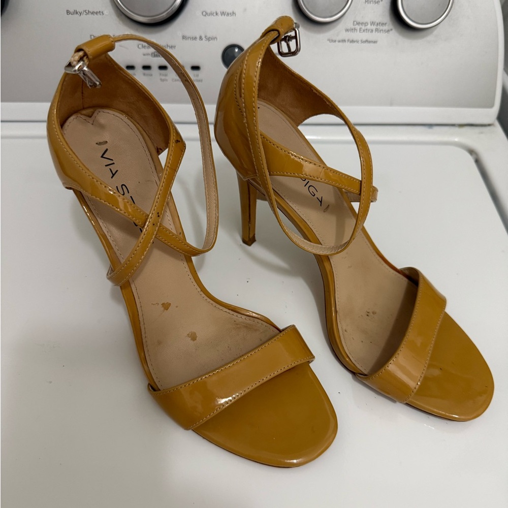 Via Spiga Mustard Patent Strappy Stiletto Sandals